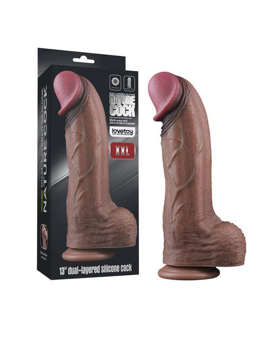 LoveToy - Dubbellaags Siliconen Dildo XXL - Lengte 33 cm - Diameter 5,5 cm - Bruin-Erotiekvoordeel.nl